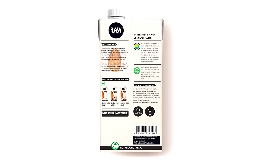 Raw Pressery Almonds Milk Plain (Unsweetened)   Tetra Pack  1 litre